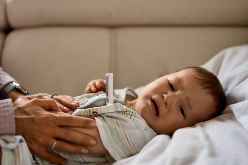 Poorly baby lying down and having their temperature taken