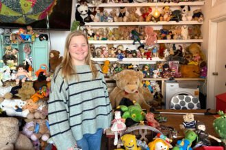 Jess Garfield-Doyle with some of the second-hand soft toys at The Toy Project’s new Rehoming Centre in Junction Road